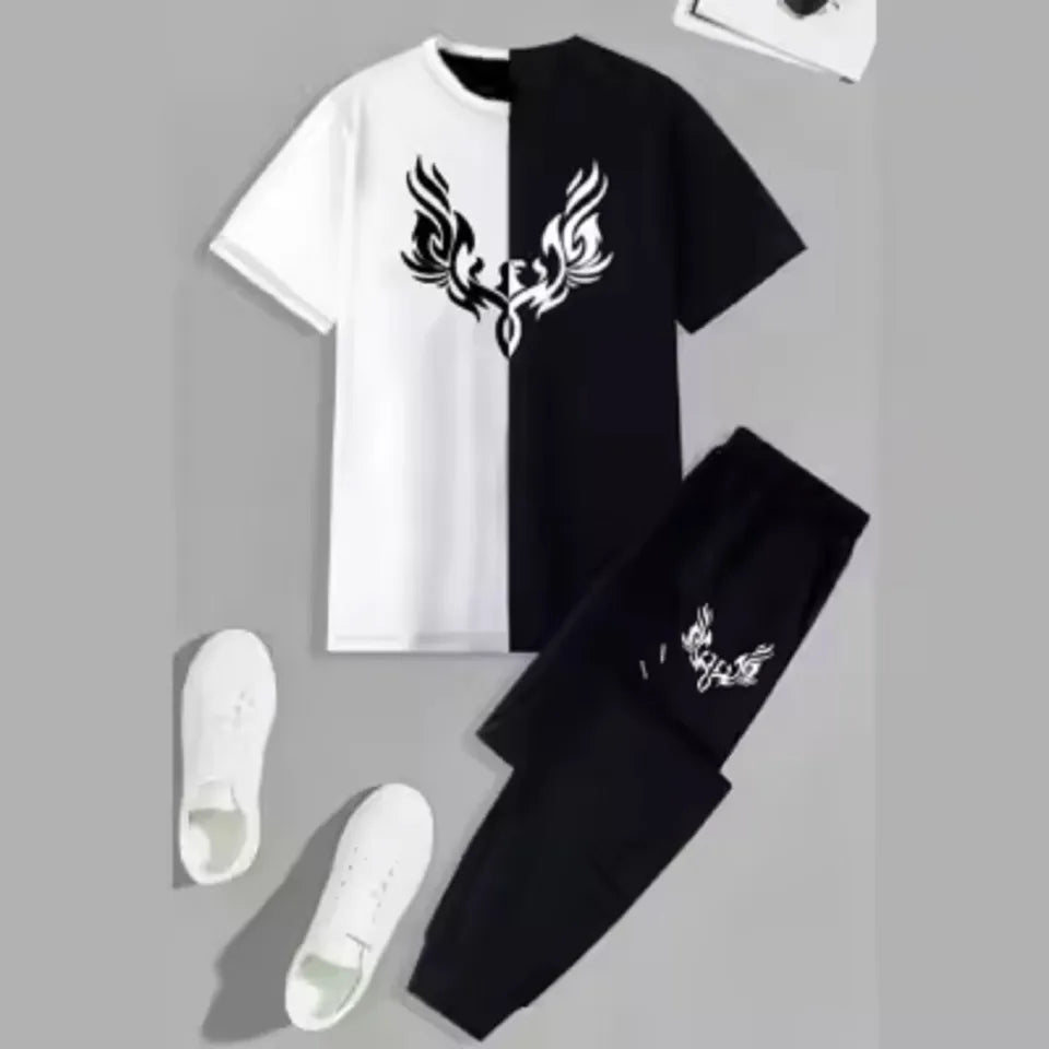 New trendy wings printed black & white premium quality summer tracksuit for men and boys