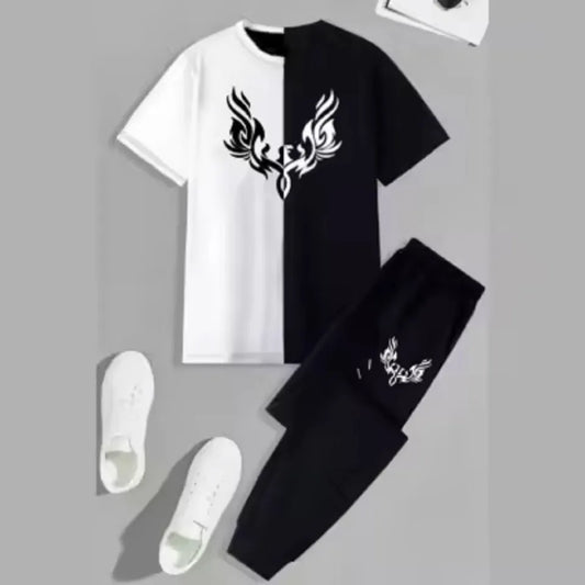 New trendy wings printed black & white premium quality summer tracksuit for men and boys