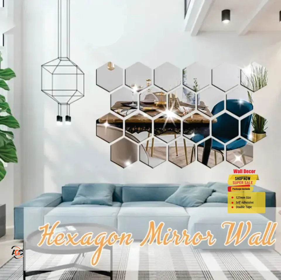 Hexagon Shape 127mm Self-Adhesive Mirror Acrylic Wall Decor Home Gifts DIY
