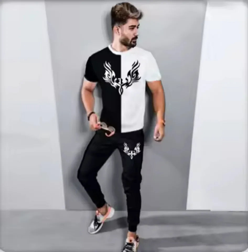 New trendy wings printed black & white premium quality summer tracksuit for men and boys